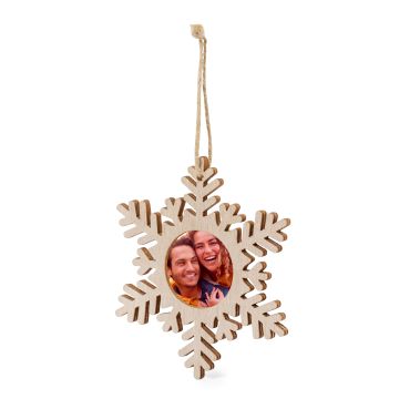 Kerstdecoratie-Hout-Sneeuwvlok-met-fotolijstje-bedrukken